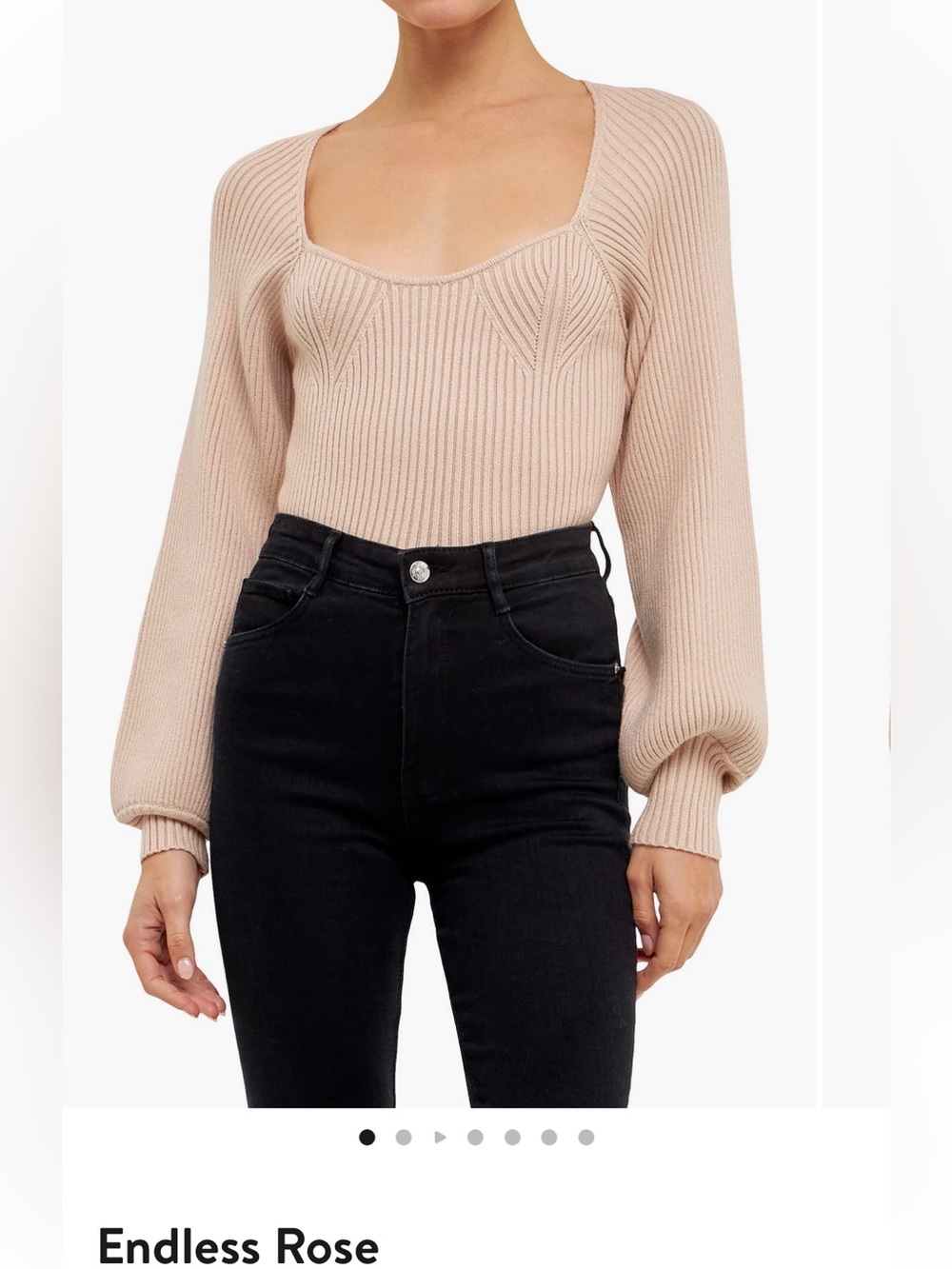 Endless Rose Neutral Beige Ribbed Bishop Sleeve Scoop Sweater Size Medium